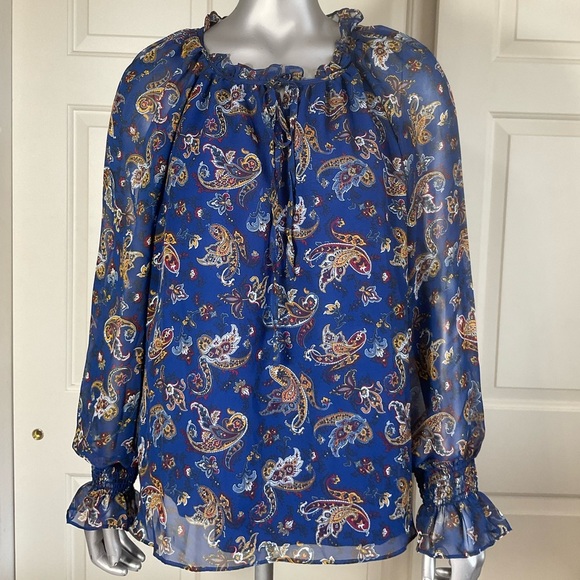 Sam Edelman Semi Sheer Blouse Ruffle Sleeves And Neck Paisley Pattern On Blue - Picture 1 of 9